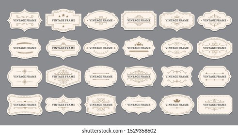 Ornamental label frames. Old ornate labels, decorative vintage frame and retro badge. Royal wedding insignia, sale sticker or invitation card. Isolated vector symbols set - Shutterstock ID 1529358602