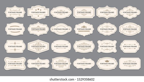 Ornamental label frames. Old ornate labels, decorative vintage frame and retro badge. Royal wedding insignia, sale sticker or invitation card. Isolated vector symbols set