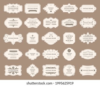 Ornamental label frames. Old ornate labels, decorative vintage frame and retro badge. Royal wedding insignia, sale sticker or invitation card. Isolated vector symbols set. Luxury curly messages