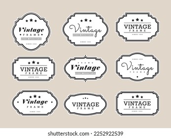 Ornamental label frames. Old ornate labels, decorative vintage frame and retro badge. Royal wedding insignia, sale sticker or invitation card. Isolated vector symbols set.