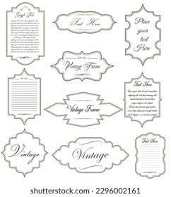 Ornamental label frames. Old ornate labels, decorative vintage frame and retro badge. Royal wedding insignia, sale sticker or invitation card. Isolated vector symbols set