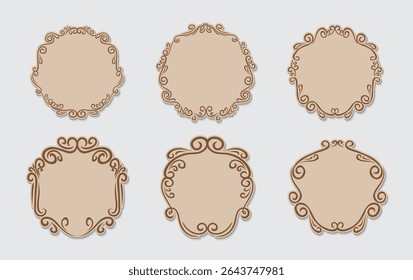 Ornamental label frames. Old ornate labels, decorative vintage frame and retro badge. Royal wedding insignia, sale sticker or invitation card. Isolated vector symbols set 