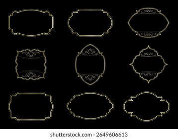 Ornamental label frames. Old ornate labels, decorative vintage frame and retro badge. Royal wedding insignia, sale sticker or invitation card. Isolated vector symbols set