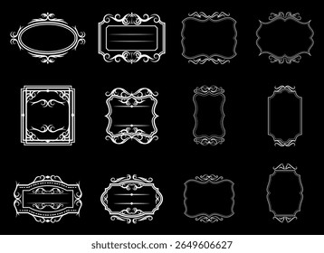 Ornamental label frames. Old ornate labels, decorative vintage frame and retro badge. Royal wedding insignia, sale sticker or invitation card. Isolated vector symbols set