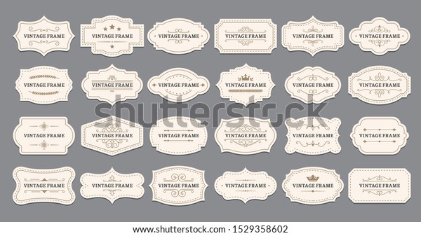 Ornamental label frames. Old\
ornate labels, decorative vintage frame and retro badge. Royal\
wedding insignia, sale sticker or invitation card. Isolated vector\
symbols set