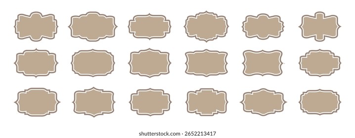 Ornamental label frames. Set of ornate labels, decorative vintage frame and retro badge. Royal wedding insignia, sale sticker or invitation card. Isolated vector symbols set. 