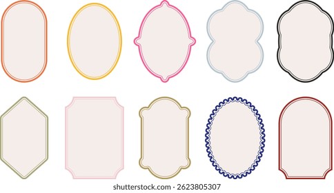 Ornamental label frames in various retro elegant shapes with thin outlines, flat style, isolated on a white background