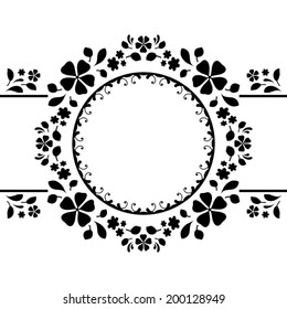 Ornamental label, round vector frame, abstract floral decoration on white background