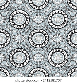 Ornamental lace greek style round mandalas seamless pattern with 3d buttons. Tribal ethnic style patterned circles background. Vector repeat modern backdrop. Symmetrical kaleidoskope ornaments.