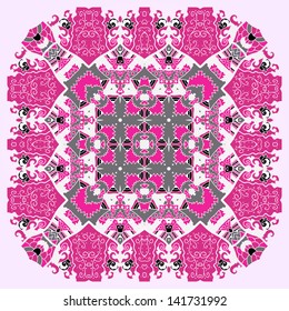 ornamental lace pattern, circle background with many details, looks like crocheting handmade lace, seamless texture in pink color