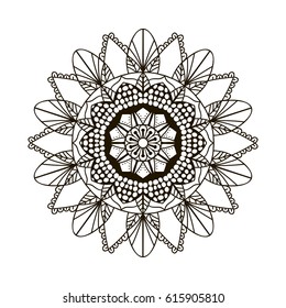 Ornamental lace pattern, circle background with floral details. Vector black line mandala.