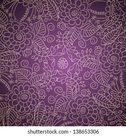 Ornamental lace pattern with outlines abstract flowers and leaves on purple background