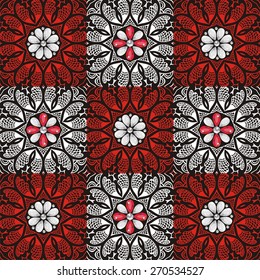 Ornamental lace pattern for wedding invitations and greeting cards.Traditional white,red decor on black background. Ornate element for design.Flower seamless fashion print shine from brilliant stones.