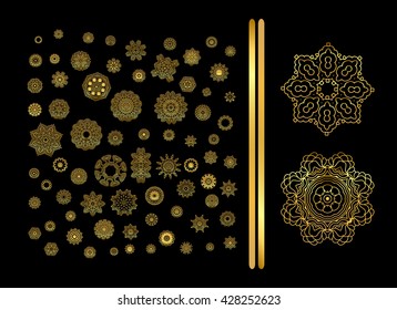 Ornamental lace pattern for wedding invitations and greeting cards. Vintage gold round pattern set. 