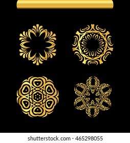 Ornamental lace pattern for wedding invitations and greeting cards. Vintage gold round pattern set.