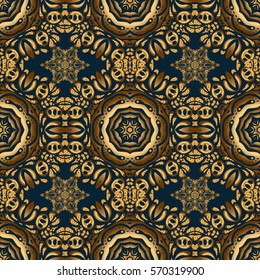 Ornamental lace tracery. Traditional arabic decor on a blue background. Golden ornate illustration for wallpaper. Vector seamless pattern with floral ornament. Vintage golden elements in Eastern style