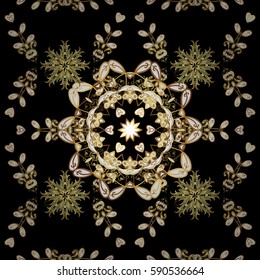 Ornamental lace tracery. Traditional arabic decor on black background. Vintage design element in Eastern style. Golden ornate illustration for wallpaper. Vector seamless pattern with floral ornament.