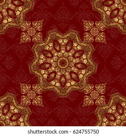 Ornamental lace tracery. Traditional arabic decor on a red background. Golden ornate illustration for wallpaper. Vector seamless pattern with gold ornament. Vintage golden elements in Eastern style.