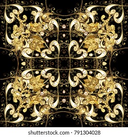 Ornamental lace tracery. Traditional arabic decor on black colors. Vintage design element in Eastern style. Golden ornate illustration for wallpaper. Vector seamless pattern with floral ornament.