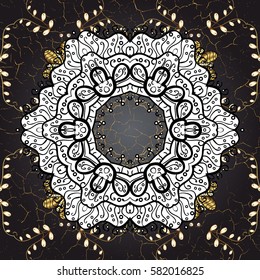 Ornamental lace tracery. Vector with floral ornament. Vintage design element in Eastern style. Traditional arabic decor on blue background. Golden ornate illustration for wallpaper.