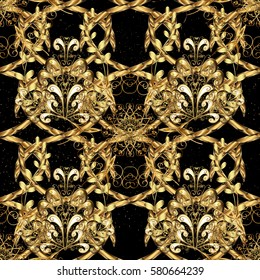 Ornamental lace tracery. Vector pattern with floral ornament. Vintage design element in Eastern style. Traditional arabic decor on black background. Golden ornate illustration for wallpaper.