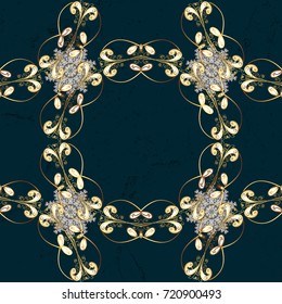 Ornamental lace tracery. Vector pattern with floral ornament. Golden ornate illustration for wallpaper. Vintage design element in Eastern style. Traditional arabic decor on blue background.