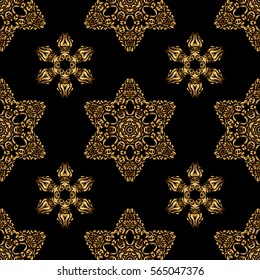 Ornamental lace tracery. Vector seamless pattern with golden vintage design in Eastern style. Traditional arabic ornament with golden elements on black backdrop. Ornate golden decor for fabric.