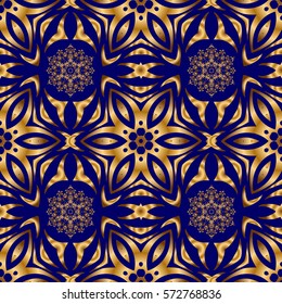 Ornamental lace tracery. Vector seamless pattern with golden vintage design in Eastern style. Traditional arabic ornament with golden elements on blue backdrop. Ornate golden decor for fabric.