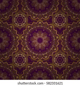Ornamental lace tracery. Vector seamless pattern with gold ornament. Vintage golden elements in Eastern style. Traditional arabic decor on a purple background. Golden ornate illustration for wallpaper