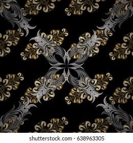 Ornamental lace tracery. Vector seamless pattern with floral ornament. Vintage design element in Eastern style. Traditional arabic decor on black background. Golden ornate illustration for wallpaper.