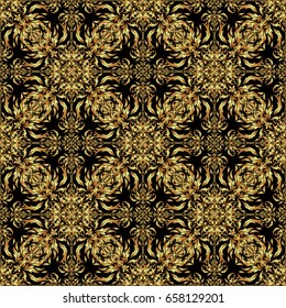 Ornamental lace tracery. Vector seamless pattern with gold ornament. Traditional arabic decor on a black background. Golden ornate illustration for wallpaper. Vintage golden elements in Eastern style.