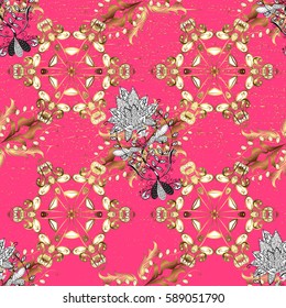 Ornamental lace tracery. Vintage design element in Eastern style. Golden ornate illustration for wallpaper. Traditional arabic decor on pink background. Vector with floral ornament.