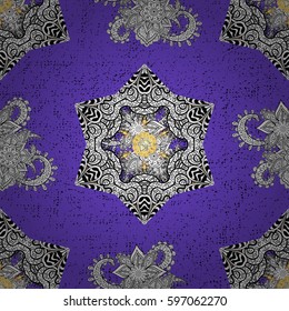 Ornamental lace tracery. Vintage design element in Eastern style. Golden ornate illustration for wallpaper. Traditional arabic decor on violet background. Vector seamless pattern with floral ornament.