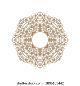 Ornamental laced golden rounded frame,  snowflake,  rosette,  mandala on white background
