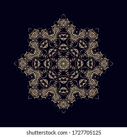 Ornamental laced golden snowflake,  rosette,  mandala on dark background