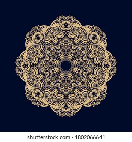 Ornamental laced golden snowflake,  rosette,  mandala on dark background