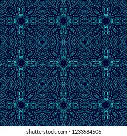 Ornamental laced turquoise - blue vector texture, seamless ornament, oriental style