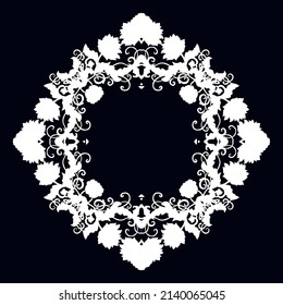 Ornamental  laced vector floral composition, flourish vignette, rounded frame, rosette, mandala on dark background