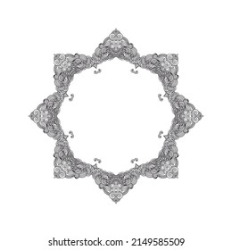 Composición floral de vector lacado ornamental, viñeta floreciente, marco redondeado, rosette, mandala sobre fondo blanco