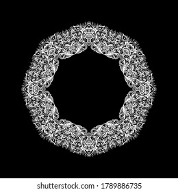 Ornamental laced white  rounded frame,  rosette,  mandala on dark background
