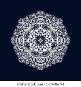 Copo de nieve blanco lacado ornamental, rosette, mandala sobre fondo oscuro