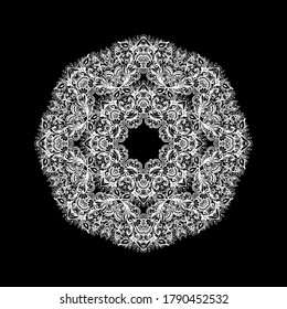Ornamental laced white snowflake,  rosette,  mandala on dark background
