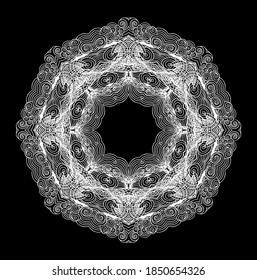 Ornamental laced white snowflake,  rosette,  mandala on dark background