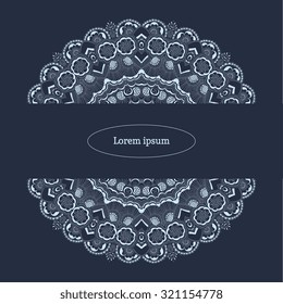 Ornamental lacy background with abstract flower and  place for text. Invitation, greeting card with white round lace ornament