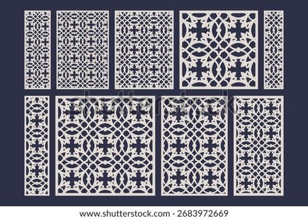Ornamental laser cut panel set assorted multi-format with intricate filigree and ornamental motifs suitable for decorative screens and dividers Suitable for laser cutting.