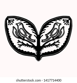 Ornamental leaf bird folk art elements for design. Hand drawn linocut block print style. Black folkloric songbird clip art . Decorative animal flourish motif outline. Arabesque tattoo symbol shape.