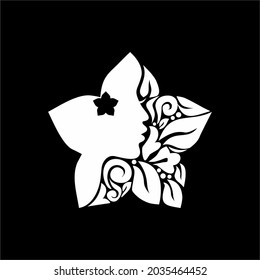 Ornamental Leaf, Flower, and Woman Face in the Flower-Shaped Illustration for Logo Type, Art Illustration or Graphic Design Element. Vector Illustration