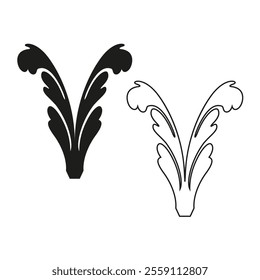 Ornamental leaf icon. Decorative foliage shape. Symmetrical vector pattern. Black and white style.