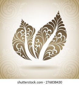 Ornamental leaf icon logo. Decorative eco symbol on a background with pattern