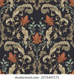 Ornamental leafy pattern. Retro brown background.